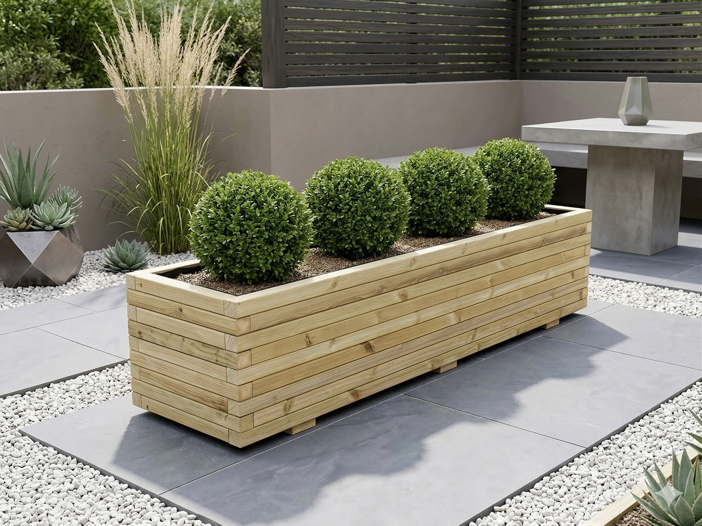 Wooden planter with Buxus Balls
