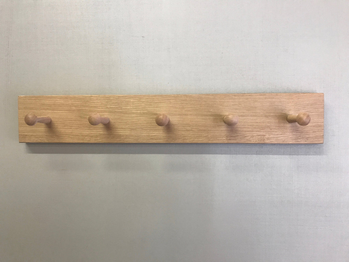 Oak Shaker Style Peg Rail Coat Rack, 2 to 10+ hooks, Natural Solid Wood Finished in Clear Warm Matt Oil.