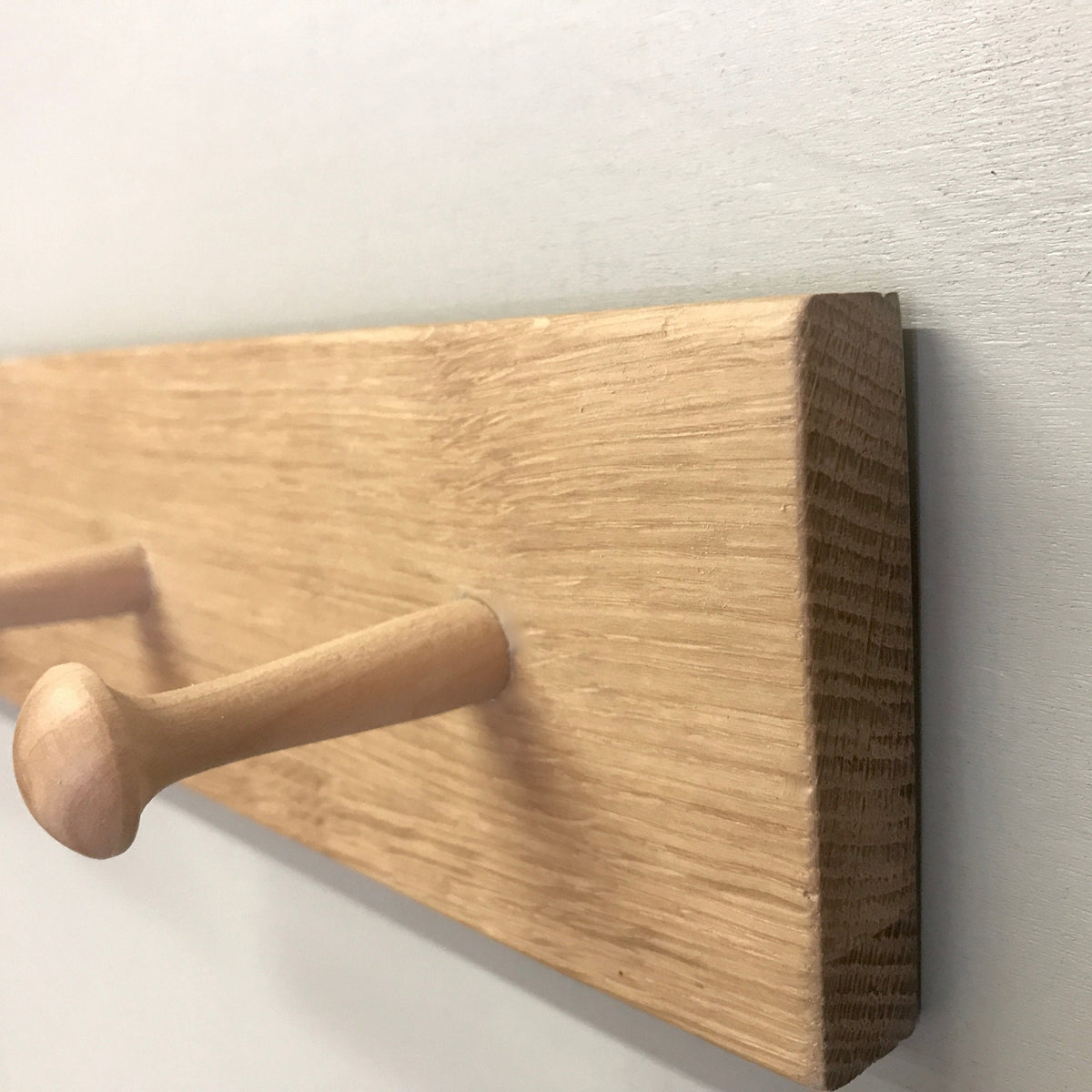 Oak Shaker Style Peg Rail Coat Rack, 2 to 10+ hooks, Natural Solid Wood Finished in Clear Warm Matt Oil.
