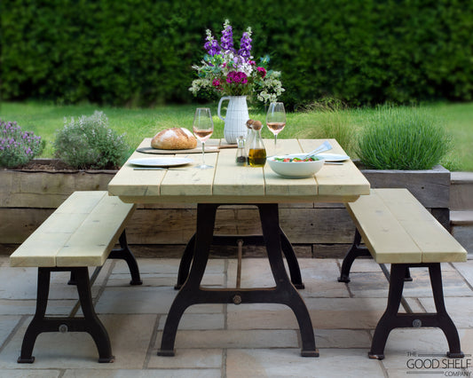 Garden Outdoor Patio Terrace "Assendon Millwright" Iron and Wood Dining Table
