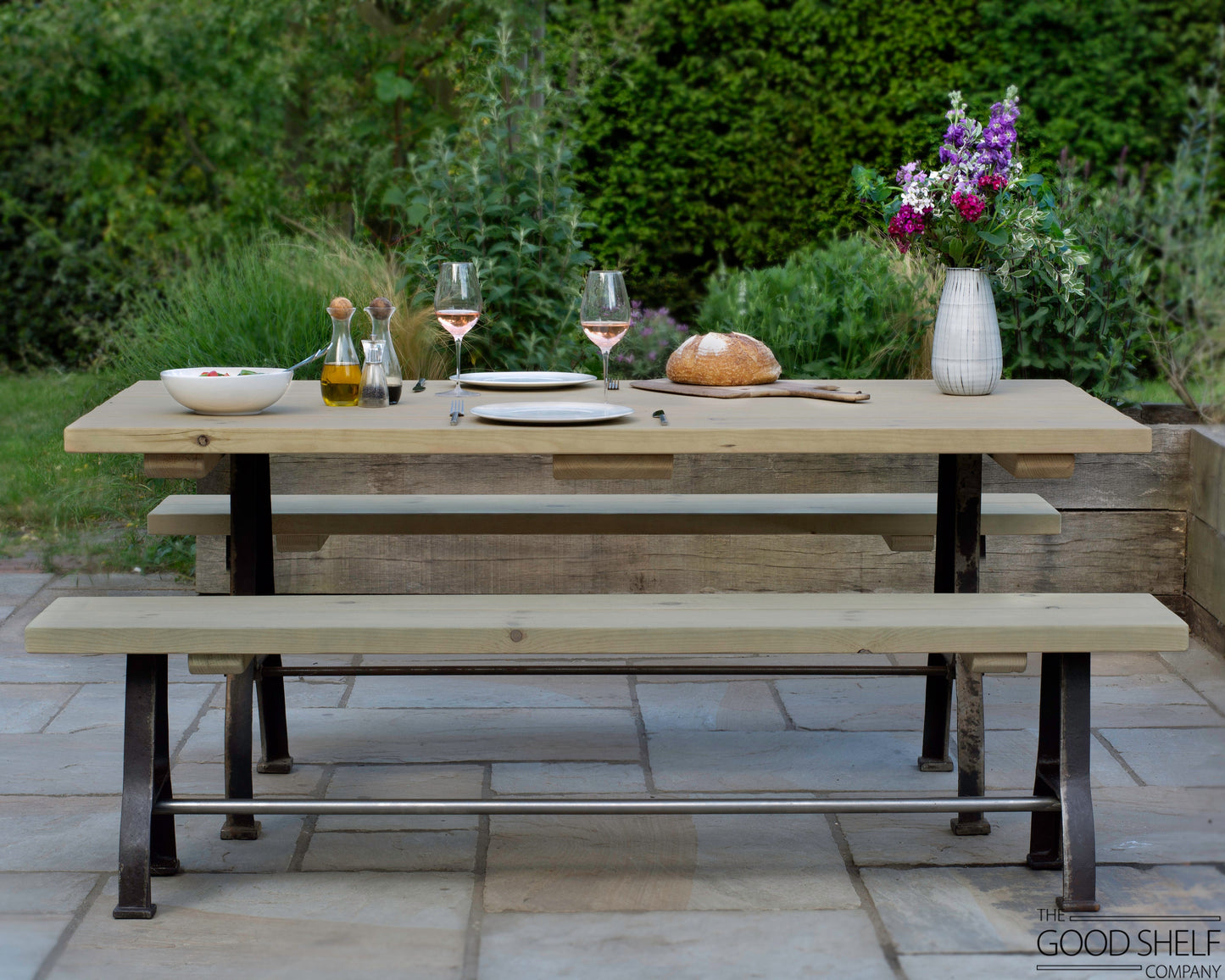 Garden Outdoor Patio Terrace "Assendon Millwright" Iron and Wood Dining Table