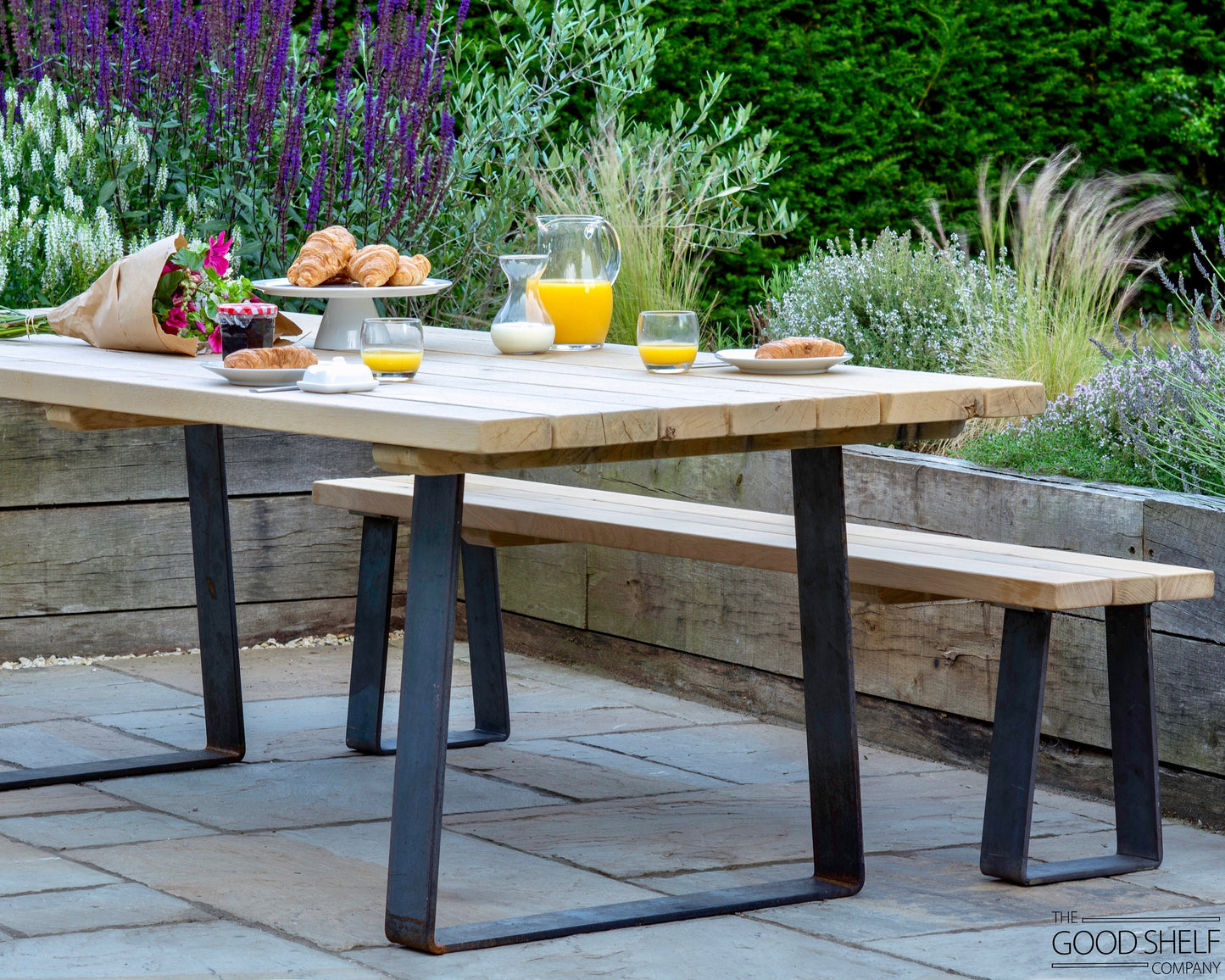Garden Outdoor Patio "Busgrove" Oak and Steel Bench