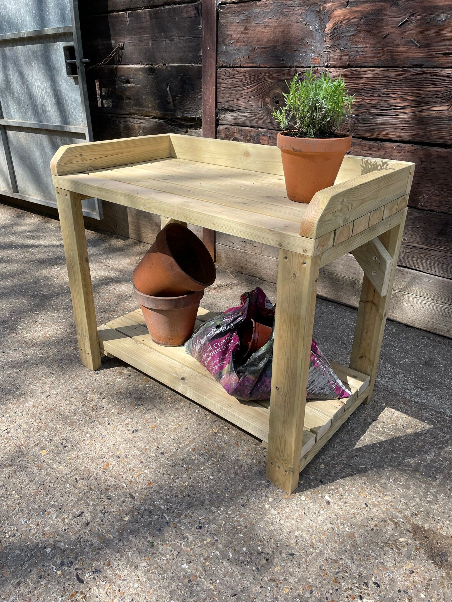 Heavy Duty Potting Table Planting Bench with Shelf - Outdoor Pine Wood Barbeque BBQ Table